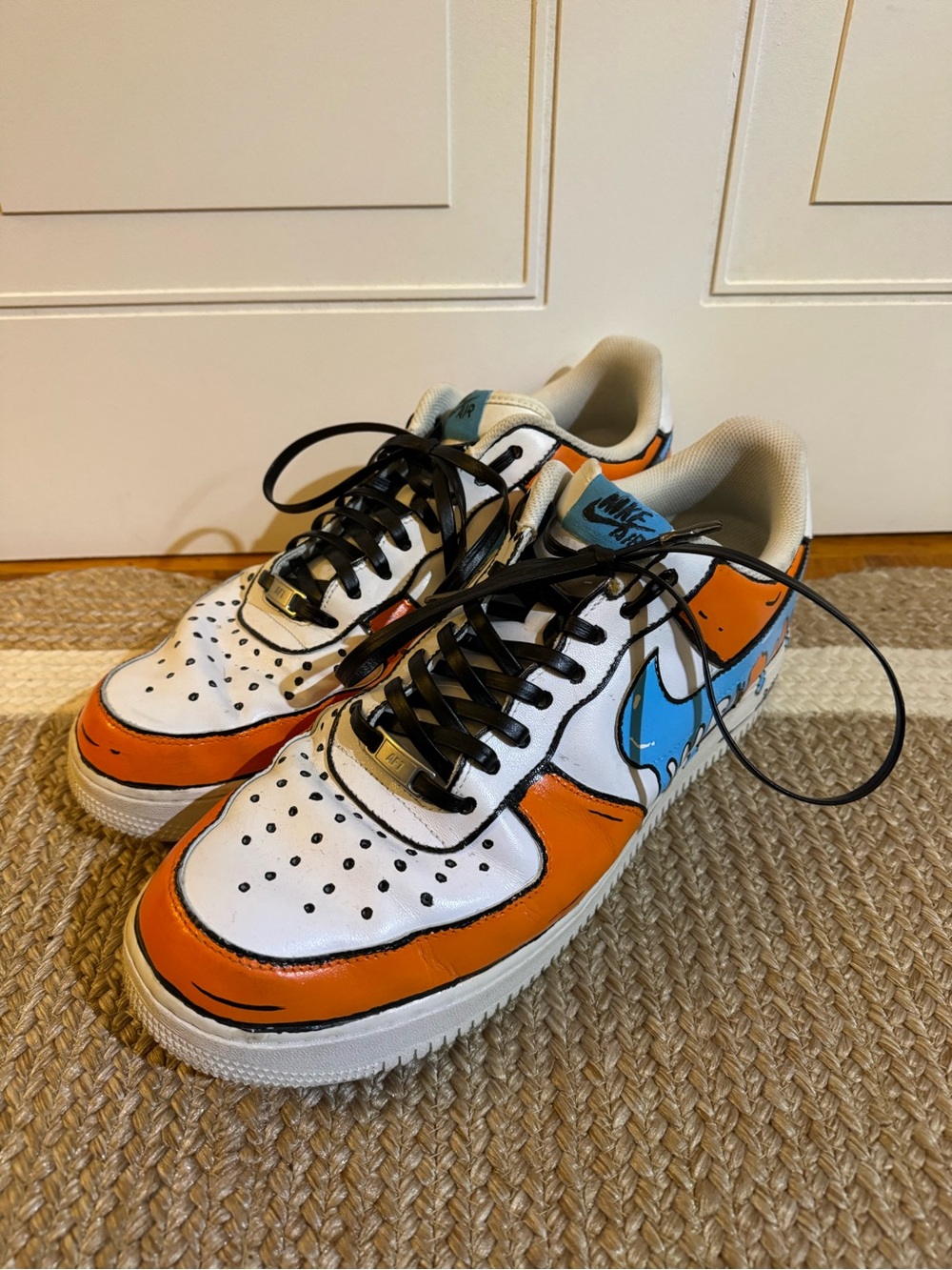 Custom Painted Nike Air Force 1 Sneakers Orange & Blue Drip Leather Lace Size 15 - Picture 2 of 9